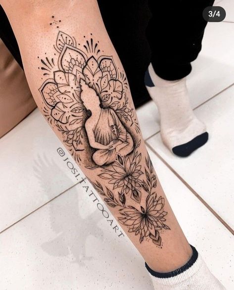 Buddhist Inspired Tattoos, Chakra Sleeve Tattoos For Women, Spiritual Calf Tattoos For Women, Buddha Arm Tattoo Women, Boho Leg Sleeve Tattoo, Feminine Power Tattoo Strength, Buddha Sleeve Tattoo Women, Spiritual Tattoo Sleeve Women, Buddha Leg Tattoo