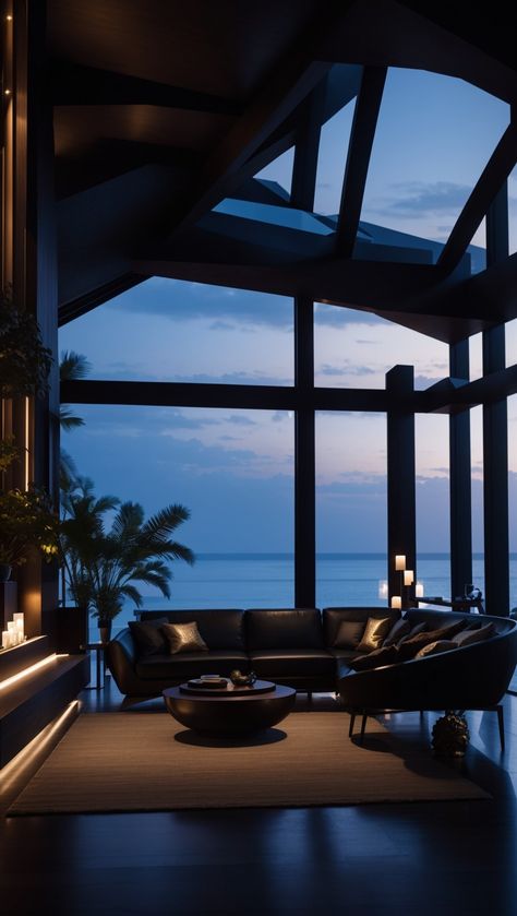 Dark luxury house on a beach Dark Coastal House, Beach House At Night, Beach Dark Aesthetic, Dark Luxury House, House On A Beach, Coastal Grandson, Bedroom Ideas Beach, Houses By The Beach, Dark Luxury