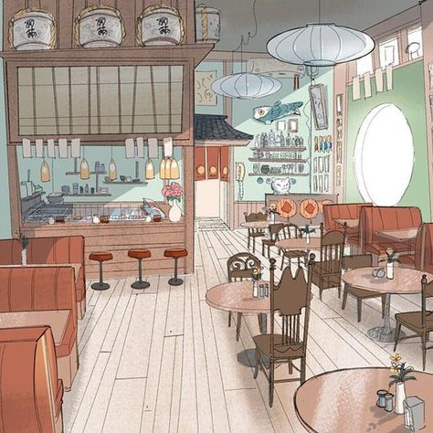 #Disney #bh6 early idea for the cafe! http://ift.tt/1xu6tTR pic.twitter.com/a5aG8MMI3C Victoria Ying, Bg Design, Art Demo, Disney Concept Art, Cafe Art, Background Drawing, Interior Illustration, Sushi Bar, The Cafe