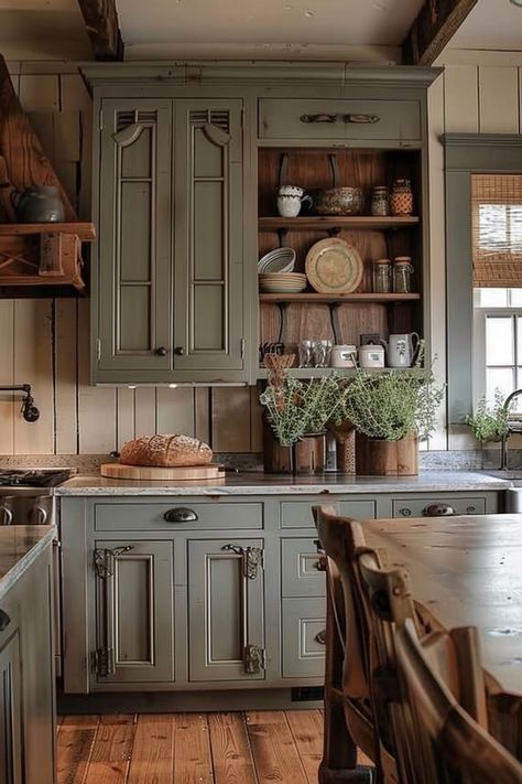 Choose the Perfect Color for Your Farmhouse Kitchen Cabinets - Quiet Minimal Green Rustic Kitchen Cabinets, Full Cabinet Kitchen, Antique Cabinets Kitchen, Farmhouse Kitchen Cabinet Color Ideas, Repurposed Kitchen Cabinets, Two Tone Cabinet, Old World Kitchen, Kitchen Cabinets Farmhouse, Cabinet Color Ideas