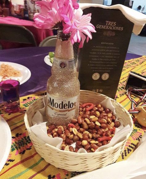 Elegant Mexican Party Decorations, Tejano Birthday Party, Rancho Centerpieces, 50th Birthday Ideas For Women Mexican Theme, Tequila Centerpiece Ideas For Men, Modelo Centerpieces, Mexican Theme Party Favors, Mexican Centerpieces Fiestas, Modelo Party Theme