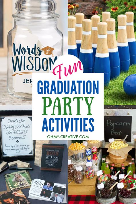 Beyond the food and invitations, it's important to also plan fun graduation party activities for your guests. These ideas will help you create a party that is as amazing as your graduate! Graduation Party Activities That Are Fun, Easy & Affordable Fun graduation party activities for your guests: Giant Yard Games; Words Of Wisdom Jar; Ice Cream or Popcorn Bar; Polaroid Photo Guest Book Words Of Wisdom Jar, Polaroid Photo Guest Book, Aesthetic Graduation Party, Guys Graduation Party, Graduation Party Activities, Graduation Party Guest Book, Jar Ice Cream, Graduation Party Checklist, Creative Graduation Party Ideas