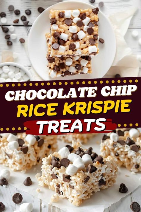 With gooey marshmallows, crispy rice cereal, and decadent chocolate chips in every bite, this foolproof recipe makes the most delicious chocolate chip Rice Krispie treats! Enjoy! Rice Crispy Chocolate Chip Cookies, Chocolate Chip Rice Krispie Treats, Rice Crispies Treats, Crispy Chocolate Chip Cookies, Kids Treats, Kid Snacks, Krispy Treats, Krispies Treats, Tea Ideas