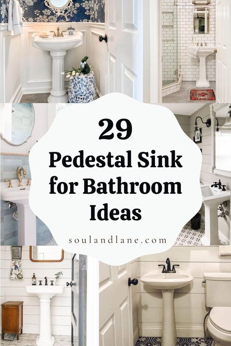 Open up your bathroom with the elegance and simplicity of pedestal sinks, a timeless choice for creating the illusion of more space. These slender fixtures not only offer a classic aesthetic but also serve as a space-saving solution for any bathroom size. Our guide dives into various pedestal sink designs, from sleek modern lines to ornate traditional styles, providing tips on selecting the right one to complement your decor. Pedestal Sink Remodel, Moody Powder Room Pedestal Sink, Bath Faucets Bathroom Fixtures, Behind Bathroom Sink Ideas, Pedestal Sink Bathroom Decor Ideas, Pedestal Sink With Shelf, Powder Bathroom With Pedestal Sink, Pedestal Sinks For Small Bathrooms, Pedastle Sink Storage Bathroom Ideas