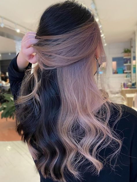 Ash Blonde Peekaboo Layer Light Brown With Peekaboo Highlights, Peekaboo Ash Blonde, Dark Brown Hair With Ash Blonde Peekaboos, Ash Blonde Peekaboo Highlights, Ash Purple Peekaboo Hair, Ash Brown Peekaboo Highlights, Under Layer Peekaboo, Blonde Hair With Brown Peek A Boo, Ash Brown Peekaboo