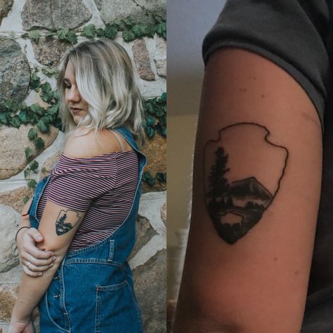 National Parks tattoo Park Ranger Tattoo, National Park Service Tattoo, Glacier National Park Tattoo Ideas, National Park Tattoo Sleeve, Yellowstone National Park Tattoo Ideas, Arches National Park Tattoo, Yellowstone National Park Tattoo, National Parks Tattoo Ideas, Glacier National Park Tattoo