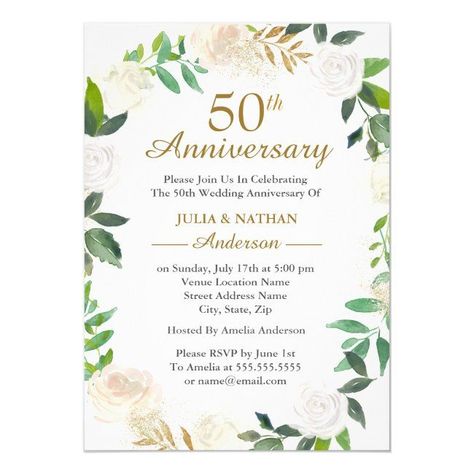 Gold Watercolor Wreath 50Th Wedding Anniversary Invitation Bautizo Ideas, 50th Wedding Anniversary Invitations, Card Flowers, 50th Anniversary Party, Watercolor Wreath, Spring Wedding Invitations, Bridal Shower Cards, Couples Shower Invitations, Wedding Anniversary Invitations