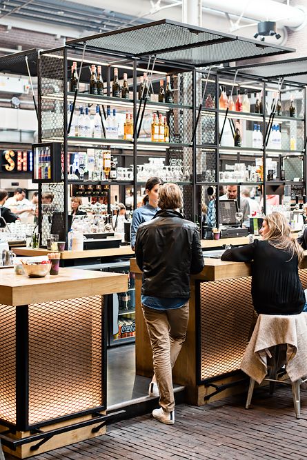 My 5 new favorite places in Amsterdam - de Foodhallen, an indoor street food market Screen Interior Design, Amsterdam Video, Screen Interior, Places In Amsterdam, Bar Counter Design, Street Food Market, Hanging Chair From Ceiling, Modern Home Bar, Bar Inspiration