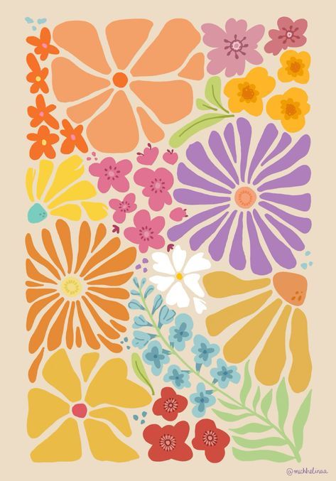 Pattern Cute Wallpaper, Aesthetic Pattern Drawing, Photo Wall Collage Prints, Funky Flower Wallpaper, Flower Painting Pattern, Summer Flowers Illustration, Flower Collage Painting, Funky Flower Art, Funky Flower Painting