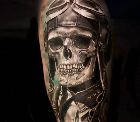 Perfect realistic tattoo piece of Skull pilot by Iwan Yug | Post 14188 | World Tattoo Gallery - Best place to Tattoo Arts Aviation Tattoo, Pilot Tattoo, Tatoo 3d, Harley Tattoos, Model Tattoo, Skull Sleeve, Motorcycle Tattoos, Bauch Tattoos, Biker Tattoos