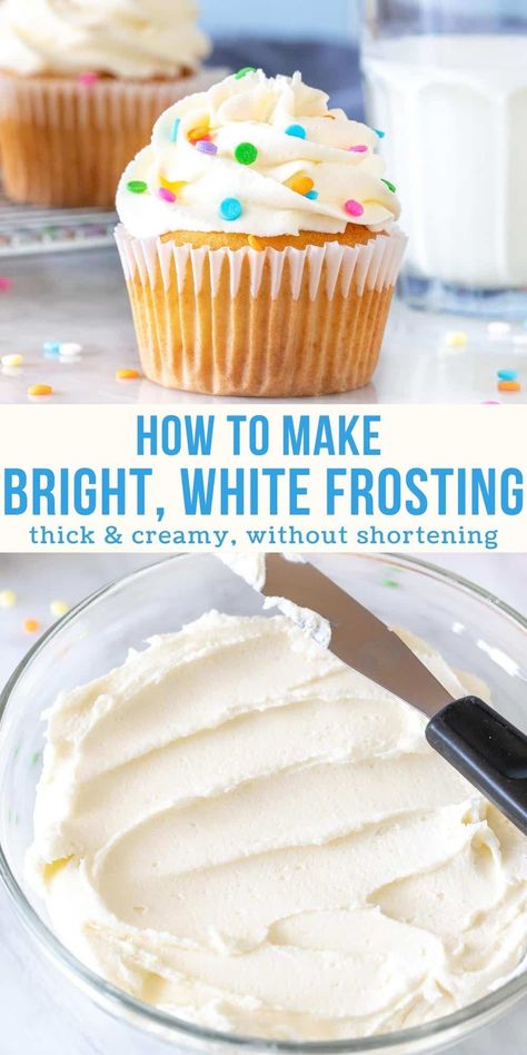 How To Get White Buttercream Frosting, Easy White Buttercream Frosting, How To Make Buttercream White, Best White Frosting For Cake, Thick Icing For Decorating, Pure White Buttercream Frosting, How To Make White Frosting, Writing Frosting Recipe, How To Make White Buttercream Frosting