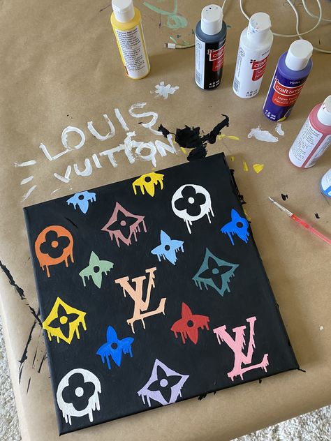 Designer Brand Painting, Lv Canvas Painting, Brand Painting Ideas, Nike Painting Canvas, Trap Paintings, Boujee Painting Ideas On Canvas, Baddie Canvas Painting Ideas, Designer Canvas Art, Lv Painting