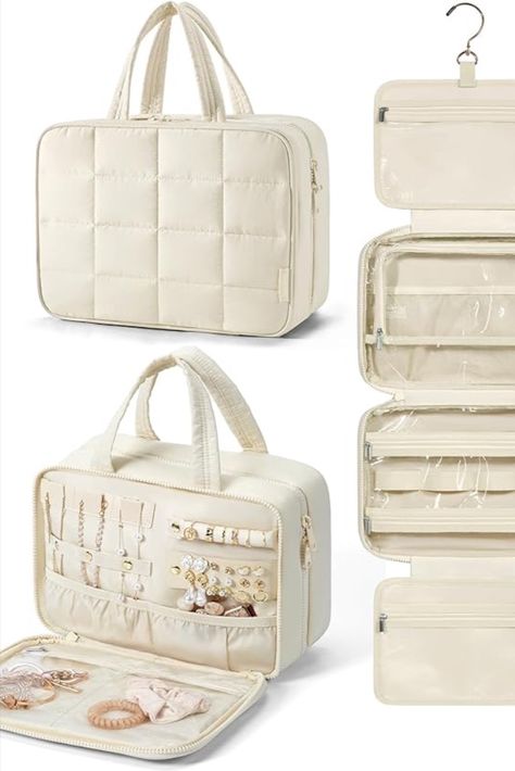 𝐉𝐞𝐰𝐞𝐥𝐫𝐲 𝐂𝐨𝐦𝐩𝐚𝐫𝐭𝐦𝐞𝐧𝐭: Bagsamrt toiletry bag is design with jewelry organizer compartment. A compartment in the front pocket of travel bag for rings, ear rings, bracelets, bangles, necklaces, and other jewelries, meeting your travel toiletries and makeup needs 𝐋𝐚𝐫𝐠𝐞 𝐂𝐚𝐩𝐚𝐜𝐢𝐭𝐲: Medium size - 11''L x 4.7''W x 7.9''H(closed). Large size - 12.2''L x 4.7''W x 9.1''H(closed). The travel toiletry bag can perfectly organize your necessary travel toiletries and makeup storage Jewelry Organizer Hanging, Accessories Essentials, Cosmetic Bag Organization, Hanging Toiletry Bag, Travel Toiletry Bag, Travel Storage Bag, Bag Organizer, Travel Toiletries, Hanging Bag