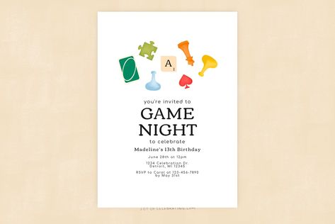 Game Night Minimalist Game Night Birthday Party Invitation - Etsy 60th Birthday Invitations, Fun Invitations, Game Night, Youre Invited, Printing Labels, Printable Invitations, Digital Printables, Birthday Party Invitations, Card Games