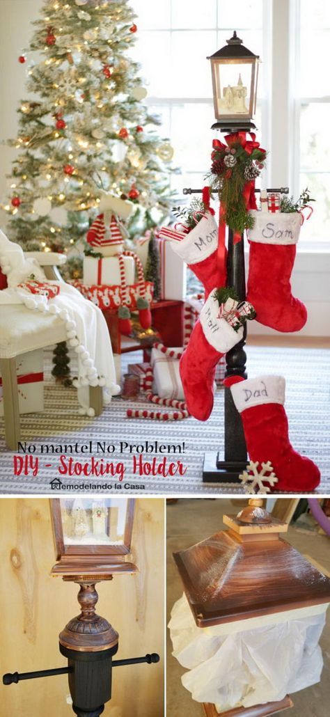 30+ DIY Stocking Holders For Christmas Decoration 2017 Christmas Stocking Holder Stand, Christmas Stocking Stand, Easy Diy Stockings, Stocking Holder Stand, Diy Stocking Holder, Diy Stocking, Christmas Stocking Hangers, Diy Stockings, Christmas Stockings Diy