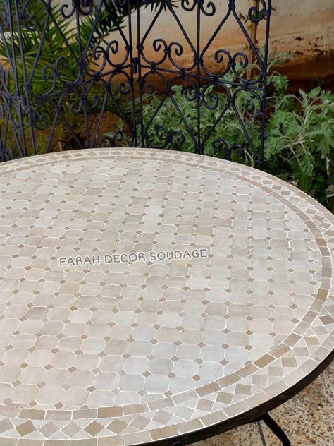 Handmade Moroccan Mosaic Table, White and Beige Round Tile Table Top for Outdoor or Indoor Living , Bistro Mosaic Table - Etsy UK Mosaic Dining Table Top, Mosaic Round Table Top, Tile Top Dining Table, Tiled Table Top Outdoor, Tiled Garden Table, Mosaic Round Table, Mosaic Garden Table, Round Mosaic Table, Tile Table Top