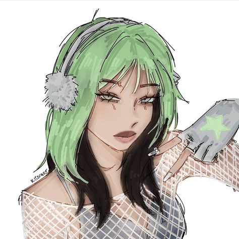 Lmao she literally looks like me (the drawing was modified by unknown user, original art was black and blonde form @ritzuart ) Green Hair Girl Art, Green Hair Drawing, Green Hair Pfp, Green Hair Aesthetic, Zombie Apocalypse Oc, Green Oc, Lime Girl, Punk Character Design, Black And Green Hair