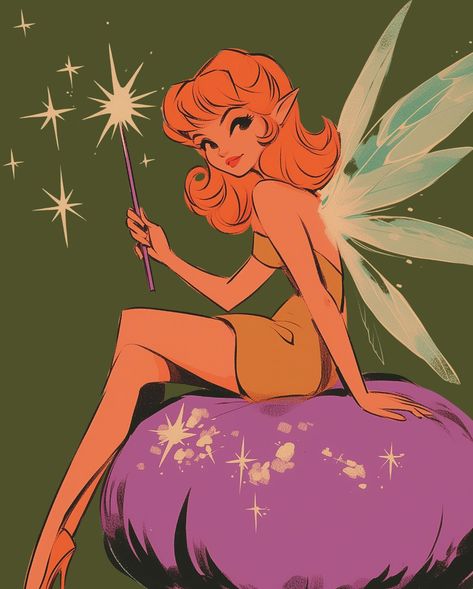 🧚‍♀️💜🧡💚 . . . #PinupArt #Midjourney #MidcenturyArt #AIArt #VintageFairy #FairyArt #DigitalArt #RetroStyle #MagicInArt #FairyTales #WhimsicalArt #ClassicBeauty #ArtisticVision #AIArtwork #RetroAesthetic #MidcenturyMagic #ModernPinup #CreativeInspiration #AIArtists #NostalgicArt Vintage Cartoon Design, Illustrated Profile Picture, Fairytale Illustration Vintage, Vintage Illustration Art Retro, Retro Illustration Graphics, Vintage Art Aesthetic, Pretty Pretty Princess, Pixie Art, Redhead Art