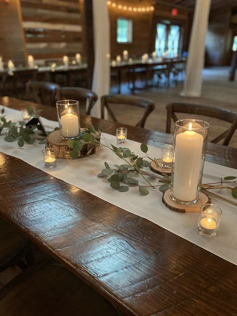 Wedding Wood Table Decorations, Simple Table Decor For Wedding Reception, Wedding Table Centerpieces For Rectangle Tables, Centerpieces Wedding Farm Table, Simple Rectangle Table Decorations, Centerpieces For Rectangular Tables Wedding, Rectangle Wedding Centerpieces Simple, Wedding Table Decorations No Plates, Simple Farmhouse Wedding Table Decor