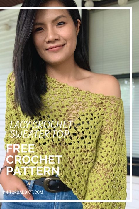 It's a simple, beginner friendly two panel project and is just one row repeat. I also added some picot stitches around the neck line to make it even more interesting. This crochet sweater pattern includes US women's sizes XS-XXL with written pattern and step-by-step video tutorial. #crochetsweater #crochetsweaterpattern #crochetpattern #crochetpatternfree #crochetvideotutorial #howtocrochetsweater #crochetsweatertop #crochetfashion Crochet Top Step By Step, Crochet Sweater Top, Crochet Tunic Pattern, Lacy Crochet, Crochet Edgings, Crochet Tank Tops, Yarn Craft, Crochet Tops Free Patterns, Needle Tatting