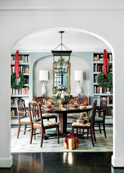 Add Built-In Bookshelves Branch Wreaths, Christmas Dining Room Decor, Neutral Dining Room, Stylish Dining Room, Christmas Dining Table, Christmas Dining Room, Christmas Decorating Ideas, Dining Room Ideas, Christmas Dining