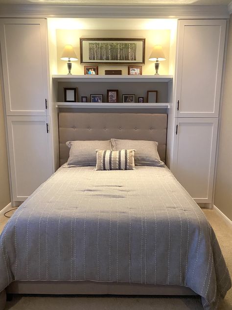 Bed Next To Closet, Head Of Bed In Closet, Smaller Room Ideas Bedrooms, Wardrobe Surrounding Bed, Bed With Built In Closet, Wardrobes Around Bed, Built In Headboard Wall Storage, Bed In Wardrobe, Overbed Wardrobe