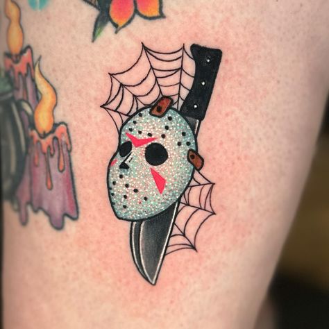 Horror Friendship Tattoos, Horror Movie Back Tattoo, Penny Wise Tattoo Design, Jason Voorhees Tattoo Stencil, Cute Devil Tattoo, Simple Horror Tattoo, 13th Tattoo Ideas, Friday The 13th Tattoo Ideas, Small Horror Movie Tattoos