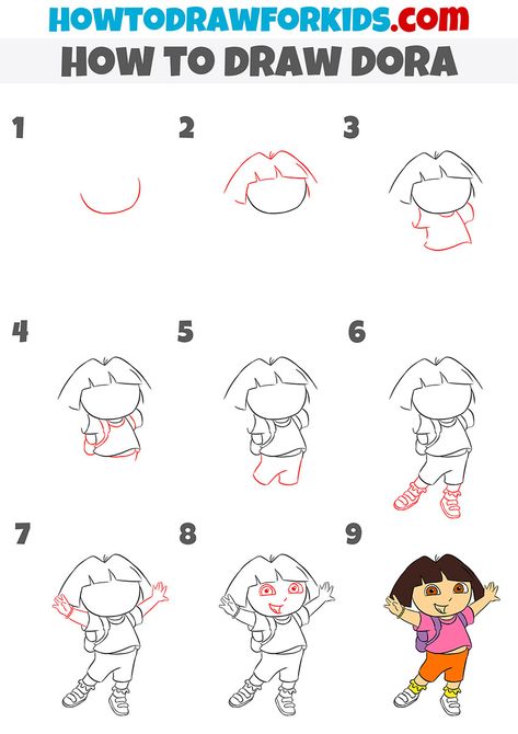 how to draw dora step by step Dora Bujji Drawing, Animation Drawing Sketches Easy, Dora Drawing Easy, Disney Character Drawings Step By Step, How To Draw Cartoons Step By Step, Comic Strip Ideas, Diy Sketches, Dora Drawing, Easy Steps To Draw