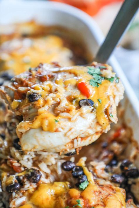 Mexican Chicken and Rice Bake · Easy Family Recipes Pioneer Woman Mexican Chicken And Rice, Chicken Burrito Bake Casserole, Easy Mexican Rice Casserole, Meals With Spanish Rice, Mexican Rice Casserole Chicken, Oven Baked Mexican Rice, Recipes With Mexican Rice, Chicken Rice Tacos, Crockpot Mexican Chicken And Rice