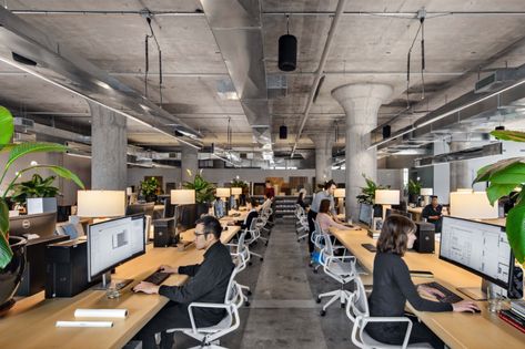 Concrete dominates INC Architecture & Design's offices in NYC Office Nyc, Plants Table, Design Offices, Industry Architecture, Personal Portrait, Dark Green Walls, Concrete Interiors, City Office, Eclectic Furniture