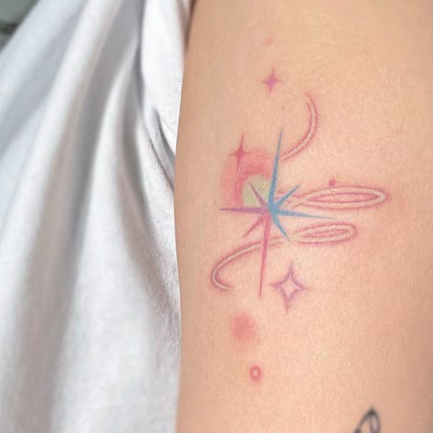 Colour Star Tattoo, Watercolour Star Tattoo, Exploding Star Tattoo, Gradient Tattoo, Starlight Tattoo, Small Colorful Tattoos, Shooting Star Tattoo, Mark Tattoo, Funky Tattoos