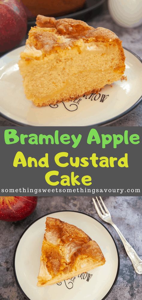 This Apple and Custard Cake is simple but so delicious! A fluffy vanilla sponge with a layer of custard baked in the middle of the cake for a tasty surprise.   It's a perfect cake to make in the Autumn when cooking apples are in abundance. #applecake #bramleyapplecake #appleandcustardcake #autumnbaking #fallbaking Bramley Apple Cake Recipes, German Apple Custard Cake, Apple And Custard Cake, Apple Custard Cake Recipe, Apple Custard, Custard Cake Recipes, Bramley Apple, Custard Cake, Decadent Chocolate Cake