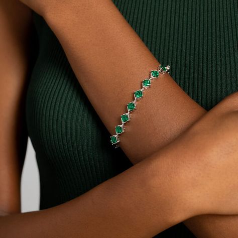 Emerald Bracelet Simple, Emerald Bracelet, Tennis Bracelet, Lush Green, Princess Cut, Delicate Bracelet, Sterling Silver Bracelets, Silver Necklaces, Ruby