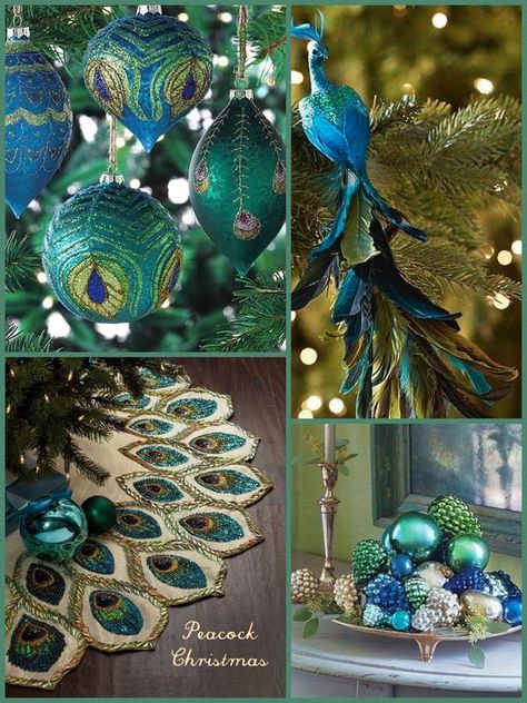 Peacock Christmas Ideas Teal Christmas Decor, Peacock Christmas Decorations, Peacock Christmas Tree, Colored Christmas Lights, Peacock Ornaments, Teal Christmas, Peacock Christmas, Peacock Colors, Peacock Decor