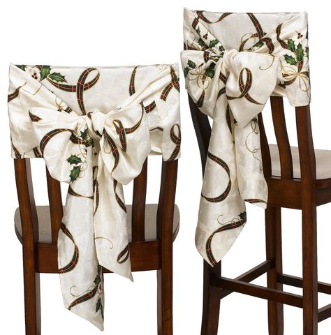 PRICES MAY VARY. Polyester,cotton Place the perfect finishing touch over your holiday dining chairs 58 % Cotton and 42 % polyester background Features ribbon and holly leaves coordinating with our best selling Holiday Nouveau collection The chair bows help create a lovely dining room decor Machine washable in cold water with like colors Lenox Holiday, Chair Bows, Christmas Chair, Chair Slipcovers, Holiday Dining, Holly Leaves, Dining Chair Slipcovers, Chair Decorations, Holly Leaf