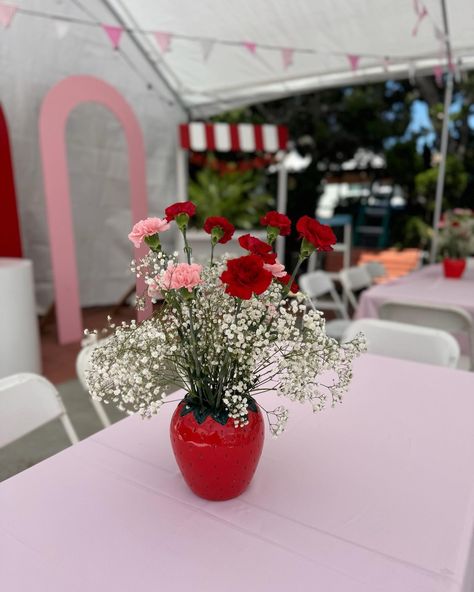 A berry sweet birthday 🍓 #berrybirthday #berry #strawberry #berryfun #softplay #lavendor #ocrentals #ierentals Berry Sweet Table Decor, Berry Sweet Dessert Table, Berry Birthday Decorations, Berry Sweet 1st Birthday Centerpieces, Strawberry Center Piece Ideas, Berry Baby Shower Centerpieces, Strawberry Shortcake Birthday Centerpieces, Berry 1st Birthday Party Centerpiece, Nina Fresa Birthday Party