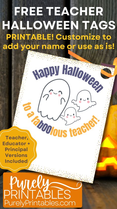 Happy Halloween to a FaBOOLous Teacher free printable tag! Teacher, Educator + Principal Versions Included. Free printable Halloween tags for teachers, Halloween gift tags for school staff, Printable Halloween tags for principals, Editable Halloween gift tags for teachers, DIY Halloween teacher appreciation tags, Halloween printables for teachers and staff, Free Halloween tags for school employees, Customizable Halloween tags,  #PurelyPrintables #DIYHalloween #ClassroomHalloween #HalloweenGifts Holiday Printables Free, Faboolous Halloween, Thanksgiving Teacher Gifts, Printable Halloween Tags, Halloween Treat Tags, Halloween Teacher Gifts, Free Printable Halloween, Teacher Appreciation Printables, Teacher Gift Tags