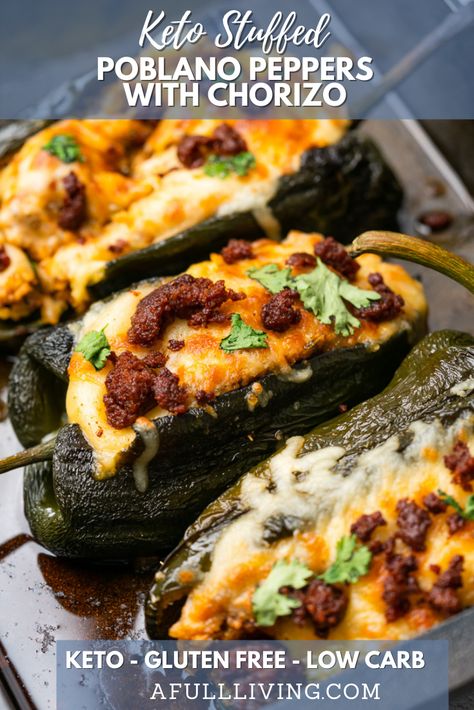 These Keto Stuffed Poblano Peppers with Chorizo are the perfect easy low carb and keto friendly dinner for busy weeknights, or really anytime. Cheesy stuffed poblano peppers packed full of Kiolbassa Smoked Meats chorizo, cauliflower rice, jalapeños, with a generous portion of cream cheese and chihuahua cheese. An easy, flavor packed and filling dinner! #AFullLiving #KiolbassaSmokedMeats #KetoStuffedPoblanoPeppers #KetoStuffedPeppers #ChorizoStuffedPeppers via @afullliving Pablano Pepper Keto Recipes, Stuffed Poblano Peppers With Chorizo, Low Carb Chorizo Recipes, Keto Stuffed Poblano Peppers, Stuffed Poblano Peppers Keto, Chorizo Recipes Keto, Stuffed Poblano Peppers Cream Cheese, Cream Cheese Stuffed Poblano Peppers, Stuffed Pablo Peppers With Cream Cheese