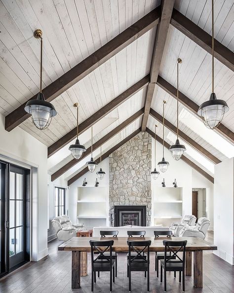 Su Casa Design on Instagram: “The beam work, vaulted shiplap ceiling, and the industrial pendants throughout were selected intentionally to give this home an upscaled,…” Farmhouse Fireplace Ideas, Triple Garage, Wraparound Deck, Farmhouse Room, Garage Floor Plans, Farmhouse Fireplace, Modern Farmhouse Home, Ceiling Ideas, Perfect House