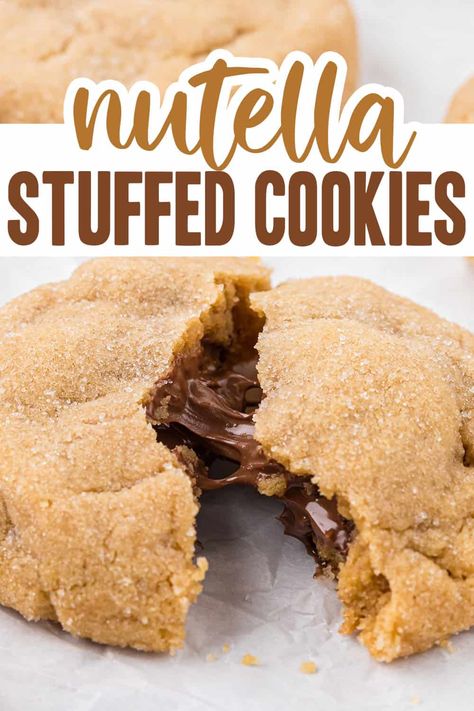 These Nutella Stuffed Cookies are made with our extra peanut butter-y peanut butter cookie dough for the ultimate chocolate PB treat! Soft, chewy, and loaded with warm Nutella! Peanut Butter Nutella Cookies, Nutella Stuffed Cookies, Nutella Cookies Recipe, Almond Paste Recipes, Nutella Banana Bread, Nutella Pizza, Crumble Cookie Recipe, Cookie Dough Ingredients, Homemade Peanut Butter Cookies