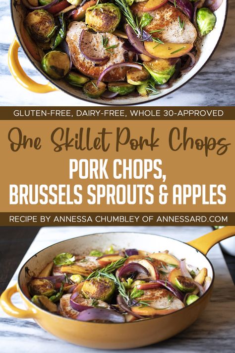 One Skillet Pork Chops, Brussels Sprouts & Apples Recipe : ObesityHelp Chopped Brussel Sprouts, Healthy Pork Chop Recipes, Slow Cooker Pork Loin, Pan Fried Pork Chops, Skillet Pork Chops, Healthy Pork, Apple Pork Chops, Slow Cooker Pork Chops, Crockpot Pork Chops