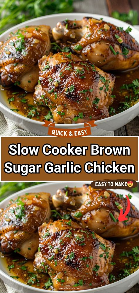 Garlic Chicken Slow Cooker, Brown Sugar Garlic Chicken, Garlic Brown Sugar Chicken, Chicken Cooker, Crockpot Chicken Thighs, Slow Cooker Chicken Thighs, Garlic Chicken Recipe, Brown Sugar Chicken, Chicken Recipes Boneless