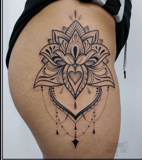 Lotus Mandala Tattoo Thigh, Mandala Thigh Tattoo, Lotus Tattoos, Stomach Tattoos Women, Floral Thigh Tattoos, Flower Thigh Tattoos, Hip Thigh Tattoos, Hip Tattoos Women, Leg Tattoos Women