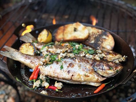 Smoked sea bass with cockles and samphire | Food Magazine Sea Bass Recipe, Bass Recipe, Sea Bass Recipes, Cooking Over Fire, Skillet Pan, Fishing Basket, Sea Bass, Food Magazine, How To Squeeze Lemons