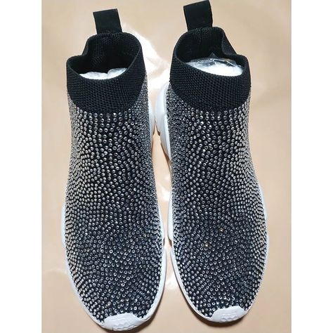 Soft And Comfortable Sneakers With Bling Give You A Beautiful Bedazzled Look Sporty Black Sneakers With Rhinestones, Black Casual Sneakers With Rhinestones, Casual Black Sneakers With Rhinestones, Black Bling Sneakers With Round Toe, Bling Sneakers, Ankle Support, Comfortable Sneakers, Lady In Red, Black Red