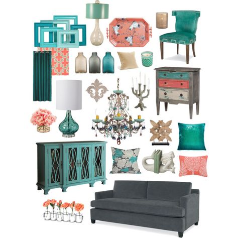 A home decor collage from September 2015 by crystalliora featuring interior, interiors, interior design, home, home decor, interior decorating, Schonbek, Stray... Coral Bathroom Decor, Coral Living Rooms, Coral Home Decor, Coral Bedroom, Turquoise Living Room Decor, Teal Home Decor, Living Room Turquoise, Teal Living Rooms, Teal Decor