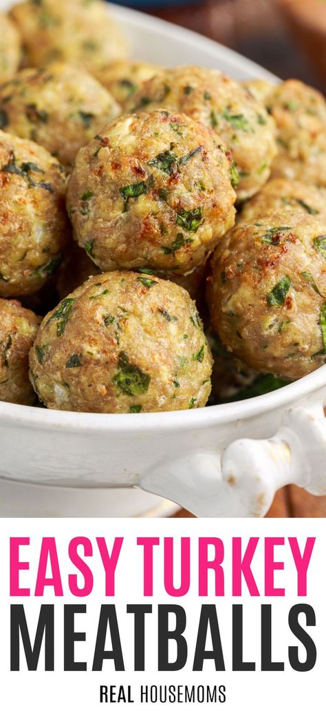 Filled with freshly grated parmesan, minced garlic, spinach and onion, these Turkey Meatballs are good enough to serve and eat on their own! #Realhousemoms #turkeymeatballs #meatballs #groundturkey #appetizers #maindish #spinach #breadcrumbs Thaw Turkey In Water, Homemade Turkey Meatballs, Reheat Turkey, Easy Turkey Meatballs, Spinach Meatballs, Turkey Meatballs Healthy, Thawing Turkey, Ground Turkey Recipes Healthy, Turkey Meatballs Baked