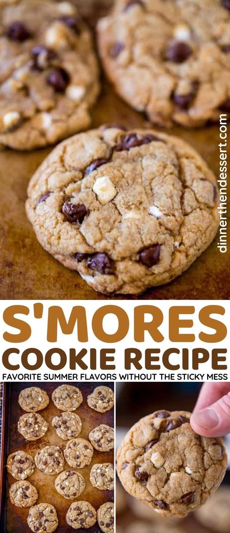 S'mores Cookies with graham cracker crumbs, chocolate chips and mini cereal marshmallows are a huge hit for the summer with no sticky mess! Crumb Cookies, Mini Cereal, Easy Smores, Chocolate Marshmallow Cookies, Dessert Christmas, S Mores Cookies, Marshmallow Cookies, Smores Cookies, Summer Cookies