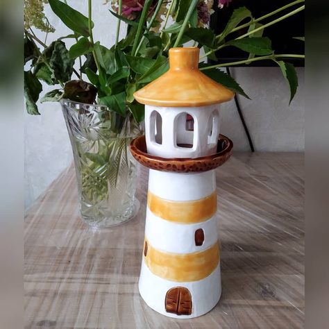 Pottery Lighthouse, Clay Lighthouse, Ceramic Lighthouse, Clay Lesson, Clay Christmas Decorations, Ceramic Lantern, Pottery Painting Designs, Cement Crafts, Pottery Crafts