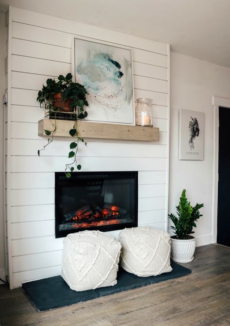 DIY Dated Rock Fireplace turned Electric Shiplap Fireplace Makeover | DIY Fireplace from an original stone wood burning fireplace covered with shiplap and a modern wood mantel. #fireplace #DIY Shiplap Fireplace Surround, Diy Shiplap Fireplace, Bedroom Upstairs, Rock Fireplace, Home Remodel Before And After, Diy Fireplace Makeover, Fireplace Cover, Shiplap Fireplace, Diy Shiplap